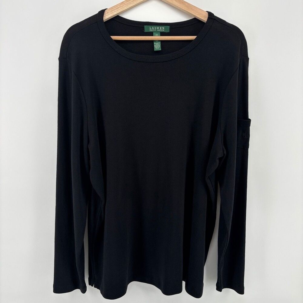 Lauren Ralph Lauren Womens 2X Black Long Sleeve T-Shirt Pocket